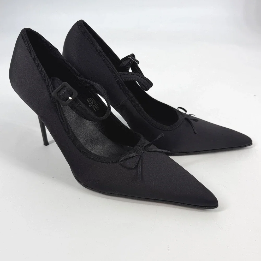 Sugar Thrillz Black‎ Satin Pointed Toe Mary Jane Stiletto Heels Size 9M